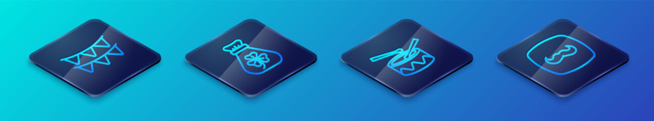 Set Isometric line Drum with drum sticks, Carnival garland flags, Mustache and Money bag clover icon. Vector