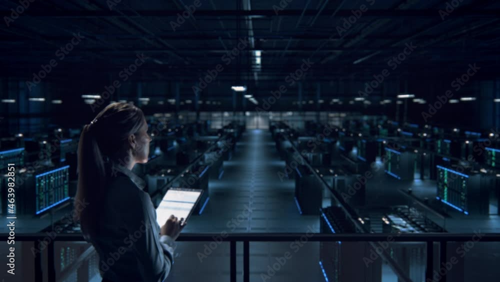 Aufkleber Female IT Specialist Uses Tablet Computer in Data Center. Server Farm Cloud Computing Facility with Maintenance Administrator Working. Cyber Security Engineer Working in Personal Network Protection.