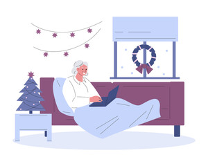 Elderly woman in Christmas lying on the couch communicates and greets in the laptop. Vector illustration in flat style.
