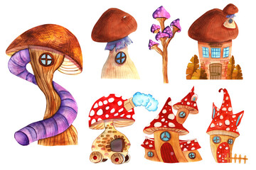 Watercolor Fantasy gnome house, little house. Gnome houses icons, cartoon fantasy building made of plants.