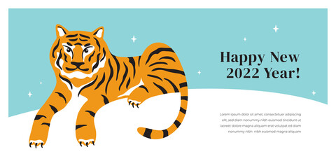 Fototapeta na wymiar Tiger lying on white background. Happy new 2022 year greeting card, flyer, banner. Design layout template. Celebration year of the tiger vector postcard. Graphic print, calendar, abstract illustration