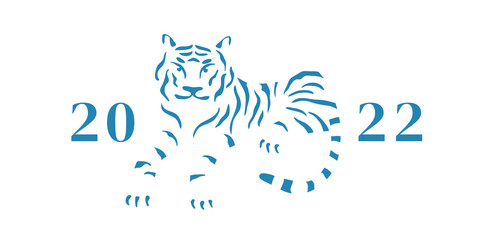 Striped silhouette of tiger between numbers 20 and 22. Year of the tiger vector postcard. Symbol of new 2022 year. Blue isolated abstract illustration. Logo design, art, identity, negative space sign