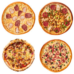 Set of different pizzas collage isolated on white background