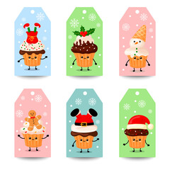 set of cute christmas labels with kawaii cupcakes in cartoon style