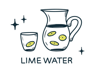 concept of water with lemon. hand drawn in doodle style.