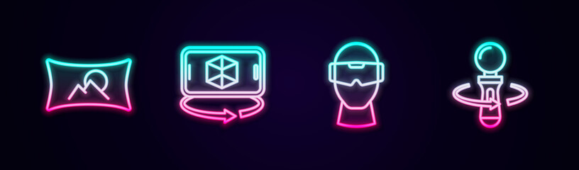 Set line Wide angle picture, 3d modeling, Virtual reality glasses and VR controller game. Glowing neon icon. Vector