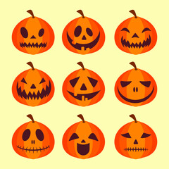 Set pumpkin face. The main symbol of the Happy Halloween holiday. Orange pumpkin with smile for your design for the holiday Halloween. Vector illustration.
