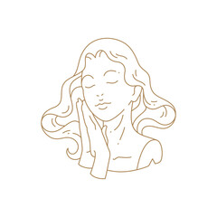 Monochrome line art deco woman bust with closed eyes and hands near face vector illustration