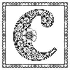 Letter c made of flowers in mehndi style. coloring book page. outline hand-draw vector illustration.