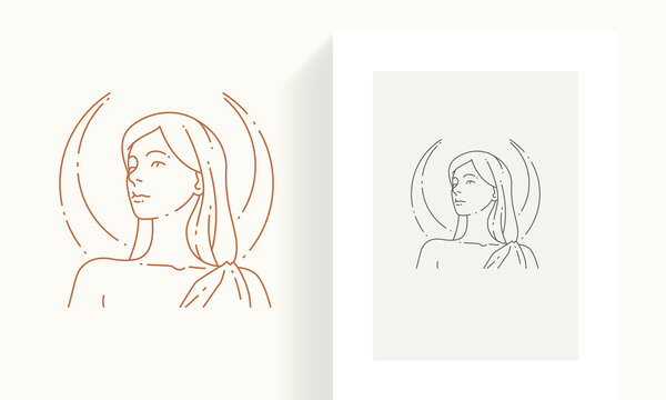 Linear simple hand drawn medieval goddess woman with half moon frame icon set vector illustration