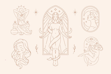 Fototapeta na wymiar Esoteric antique woman goddess naked body meditation with abstract frame half moon and stars set