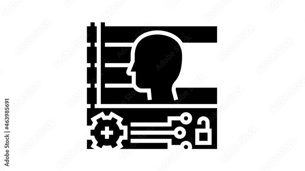 Poster technology face id for access device animated glyph icon. technology face id for access device sign.