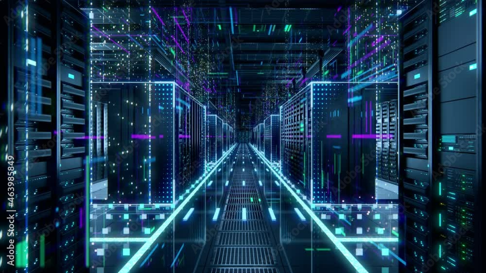 Aufkleber Modern Data Technology Center Server Racks in Dark Room with VFX. Animated Visualization Concept of Internet of Things, Data Flow, Digitalization of Internet Traffic. Moving Back Camera Shot.