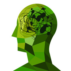 vector illustration about mental health of a war veteran. polygonal camouflage silhouette of a man's head with a tangle of problems in his head. post traumatic stress disorder (PTSD). rehabilitation
