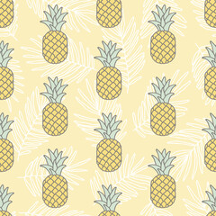Seamless pattern with hand-drawn pineapple and palm leaves on a yellow background