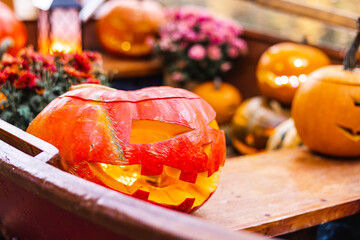 pumpkin carved with smoke in boat on pond in autumn, Halloween celebrating concept