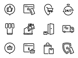 Set of black vector icons, isolated against white background. Flat illustration on a theme delivery of goods and goods by courier to the door