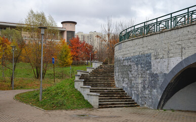 Passage  under Nikulinskaya street from Schoolchildren park to Troparevsky park in autumn, Moscow, Russia