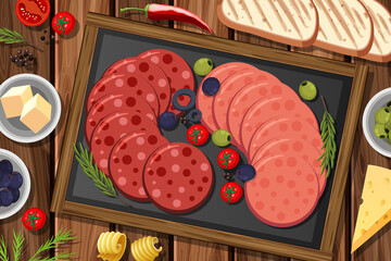 Platter of pepperoni and salami on the wooden table background