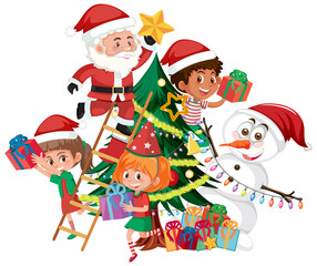 Santa Claus with happy children and Christmas tree