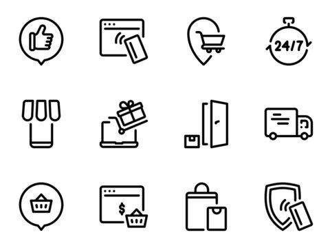Set of black vector icons, isolated against white background. Flat illustration on a theme delivery of goods and goods by courier to the door