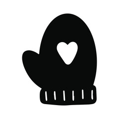 The Black Mitten with heart symbol. Hand drawn winter glove vector illustration. Christmas invitation greeting card design. Pretty element icon, children book, banner, kid poster art template print