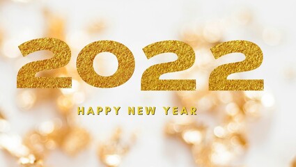 Happy New Year 2022 text design,illustration with golden numbers and snowflake golden white background