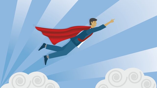 Superhero, superman flying in the sky. Vector illustration. Dimension 16:9. EPS10.
