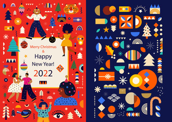 Trendy vector Christmas illustration and pattern with New Year and Christmas symbols