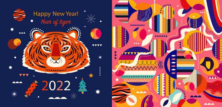 Decorative holiday illustration with symbol of 2022 year tiger. Happy New Year illustration	
