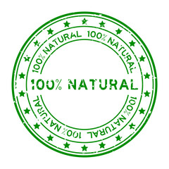 Grunge green 100 percent natural word round rubber seal stamp on white background