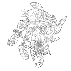 Cute bird with beautiful tail in tropical flowers. Black and white background. Funny animal, coloring book pages. Hand drawn illustration in zentangle style for children and adults, tattoo.
