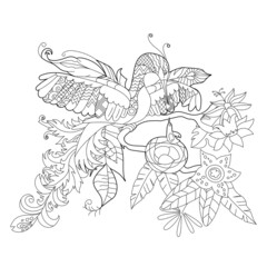 Cute paradise bird with chick in tropical flowers. Black and white background. Funny animal, coloring book pages. Hand drawn illustration in zentangle style for children and adults, tattoo.