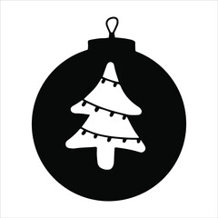 Winter holidays banner design, postcard with decorated Christmas toy ball and fir tree illustration background. Hand drawn New Year bubble decorations with garland black white colouring page for adult