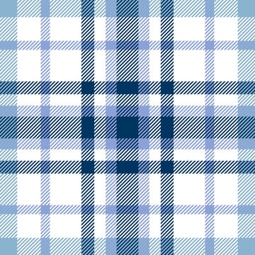 Seamless plaid check pattern in clair-de-lune, pastel blue, navy and white.