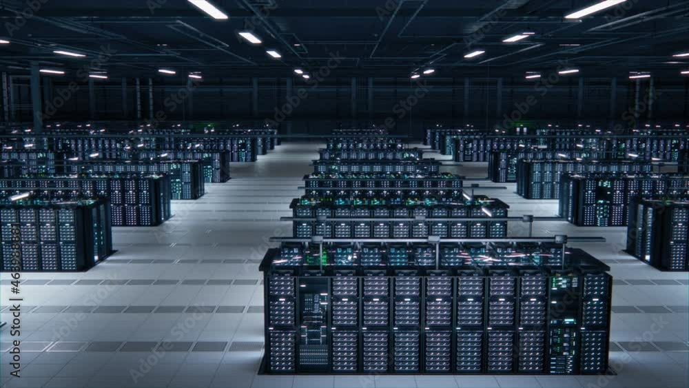 Aufkleber Modern Data Technology Center Server Racks Working in Well-Lighted Room. Concept of Internet of Things, Big Data Protection, Storage, Cryptocurrency Farm, Cloud Computing. 3D Panning Camera Shot.