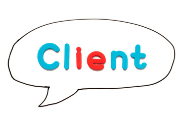Alphabet letter with word client in black line hand drawing as bubble speech on white board background