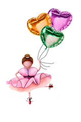 Drawn watercolor illustration. Nursery art. Ballerina with balloons. Perfect for your design purposes. Good for interior decoration, invitations, cards, once, packaging and more.