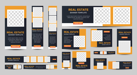 Real Estate web banner design template Set. Vertical, Horizontal and Square banners with standard size and place for photos. Vector design EPS