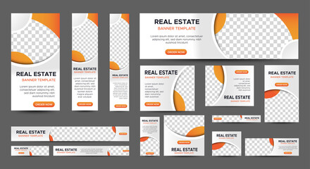 Real Estate web banner design template Set. Vertical, Horizontal and Square banners with standard size and place for photos. Vector design EPS