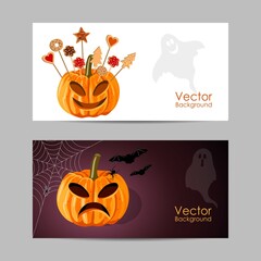Set of banners. Halloween pumpkin with biscuits 