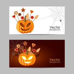 Set of banners. Halloween pumpkin with biscuits