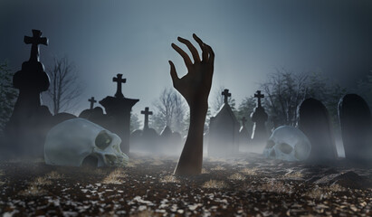 Scary zombie hand in cemetery or graveyard sticking out of the ground. 3D rendered illustration.