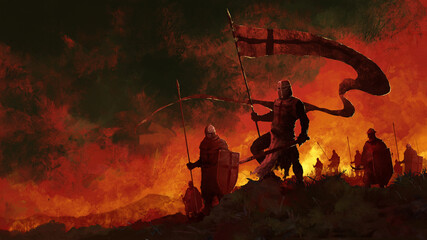 The crusader army goes to war. The knight carries the banner. The sky is lit by fires. 2D illustration, digital art style, illustration painting 