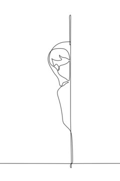 Man In A Hoodie With A Hood On His Head And A Mask Peeking Around The Corner - One Line Drawing. Concept Of Surveillance, Peeping, Stalking, Hacking