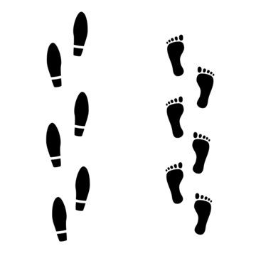 Footprint icon isolated on white background. Prints of bare feet and men shoes are monochrome.