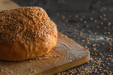 Freshly baked bread on a wooden board