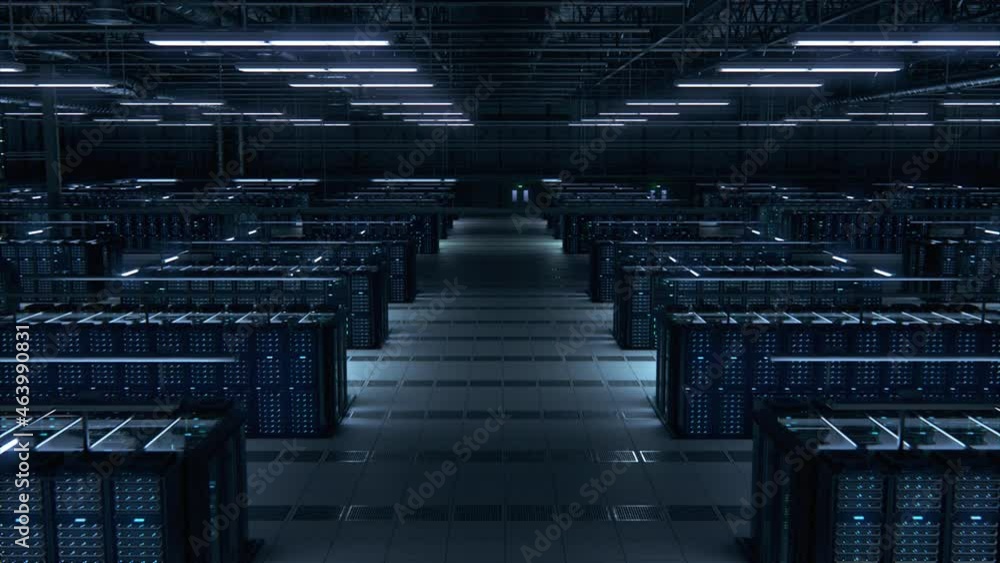 Poster Modern Data Technology Center Server Racks Working in Dark Room. Concept of Internet of Things, Big Data Protection, Storage, Cryptocurrency Farm, Cloud Computing. 3D Moving Back Camera Shot.