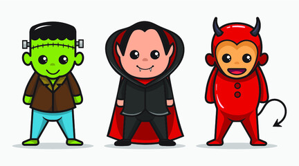 cute collection set halloween character. red devil, dracula, Frankenstein. vector illustration
