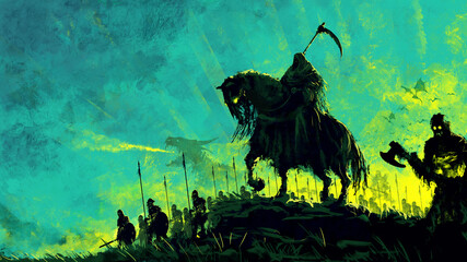 Death on horseback leads an army of the dead to war. Green fire illuminates the sky. 2D illustration, digital art style, illustration painting 